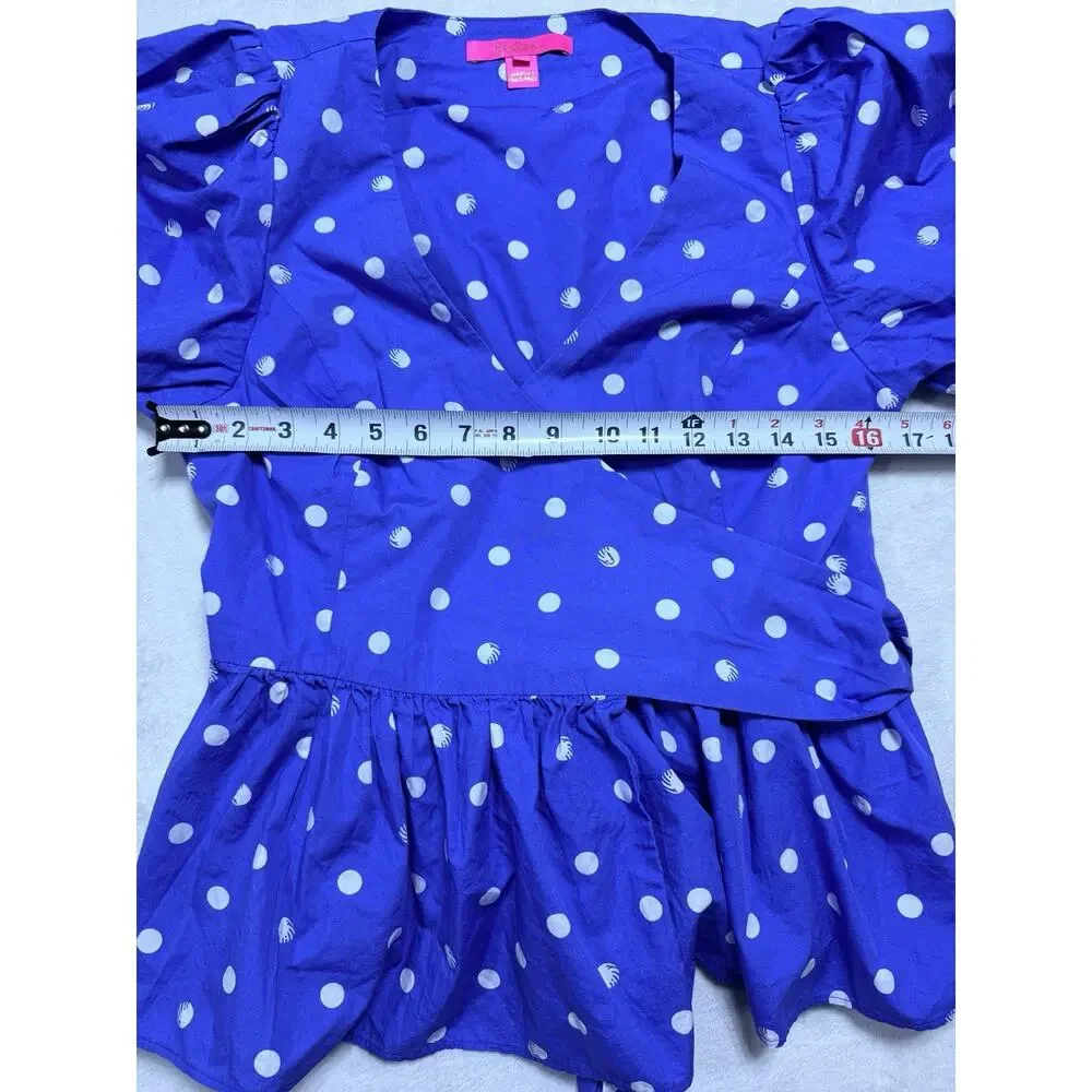 Lilly Pulitzer Periwinkle Blue Sz 6 White Polka Dot Cotton Puff Sleeve Wrap Top